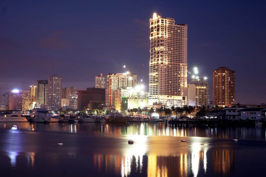 Highrises in downtown Manila at night