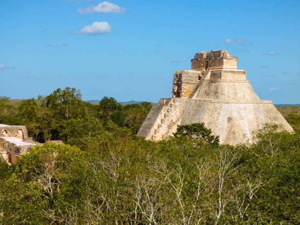 Mayan temple in the jungle at Uxmal in Yucatan Mexico