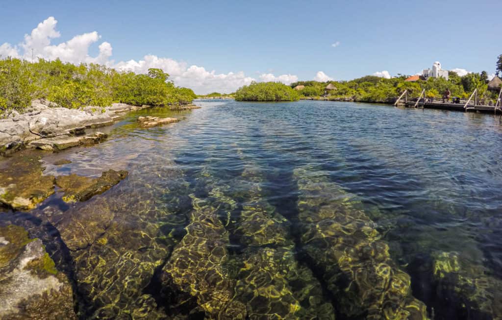 Clear water lagoon with jungle surrounding