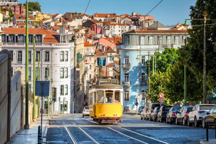 yellow tram on Line 28 in Lisbon